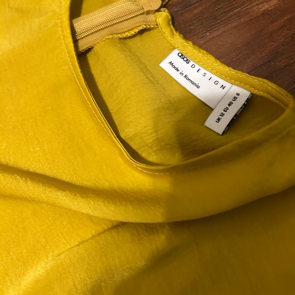 ASOS DESIGN satin flutter sleeve asymmetric hem midi dress in chartreuse - Picture 3 of 10